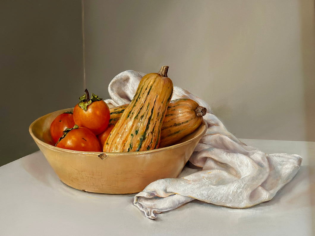 Bowl of persimmons and squash by Pam Carroll